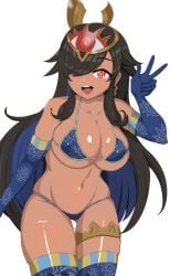 bikini dark-skinned_female dragon_girl duel_masters eye_print gijinka kirazeus_savark large_breasts long_gloves personification sava_k_zeos smile thigh_strap thighhighs upper_teeth_only w