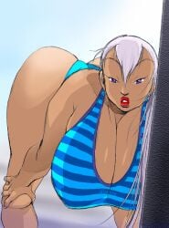 1girls big_ass big_breasts bimbo covered_nipples curvy curvy_female dark-skinned_female dark_skin eiden female gigantic_breasts gri_gri grinis_quatre_gricom hands_on_knees hanging_breasts huge_ass legs_apart lipstick looking_at_viewer mature mature_female milf nipple_bulge purple_eyes solo solo_female thick_thighs white_background white_hair