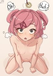 :< @_@ absurdres after_fellatio arm_support artist_name barefoot between_legs black_eyes blush bob_cut breasts breath bright_pupils cleft_of_venus collarbone commentary completely_nude confused constricted_pupils cum cum_in_mouth cumdrip curled_fingers doki_doki_literature_club drooling english_commentary english_text eyelashes female from_above full_body hair_intakes hair_ornament hair_ribbon hand_between_legs heavy_breathing highres hypnosis looking_at_viewer looking_up mind_control motion_lines natsuki_(doki_doki_literature_club) navel nipples nude on_ground open_mouth paid_reward_available pendulum pink_hair pixiv_logo pixiv_username pov pussy raised_eyebrows red_ribbon ribbon ringed_eyes short_hair sitting small_breasts solo speech_bubble spread_legs straight-on sweat swept_bangs toe_scrunch toes twitter_username twitter_x_logo two_side_up upturned_eyes vaniste very_sweaty wariza white_pupils x_hair_ornament