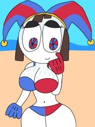 big_breasts bikini bikini_bottom bikini_top elyjah_(furaffinity) hand_drawn pomni_(the_amazing_digital_circus) sea seaside self_upload sweating sweaty_female the_amazing_digital_circus wide_hips