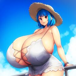 ai_generated ameanon big_breasts blue_hair breast_cutout breasts breasts_bigger_than_head cleavage cleavage_cutout gigantic_breasts huge_breasts large_breasts pink_eyes rina_atherina rina_atherina_(errorkazoo) sideboob straw_hat sundress sweat sweating sweaty_breasts underboob