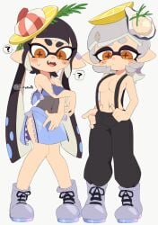 2females 2girls breasts callie_(splatoon) callie_(summer_nights) cute inkling inkling_girl kiirono marie_(splatoon) marie_(summer_nights) navel nintendo shy splatfest splatoon splatoon_(series) splatoon_3 summer_nights_splatfest suspenders tagme tentacle tentacle_hair tits_out unzipped wardrobe_malfunction