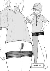 barefoot baseball_cap bike_shorts clothes_pull collared_shirt female female_focus female_pubic_hair hand_on_own_hip hat highres lifeguard monochrome one_eye_closed original pubic_hair pulling_own_clothes pussy shirt short_sleeves shorts shorts_pull solo standing sweatdrop tanaka_ahiru whistle whistle_around_neck