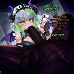 1boy 1girls ai_generated aipotions big_dick big_penis blowjob calling cheating cheating_female cheating_wife cuck cuckold cuckolding daddy daddy_kink dark-skinned_male dark_skin demon demon_ears demon_girl demon_horns demon_wings elf_ears english english_text fellatio froot green_eyes horn horns horns_girl interracial multicolored_hair netorare pointy_ears sucking sucking_penis text virtual_youtuber vshojo winged_humanoid wings