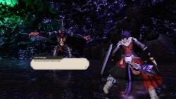 before_sex dialogue dialogue_box exposed_penis final_fantasy_xiv gpose(ffxiv) idakiaria kiaria_ida miqo'te purple_hair sahagin shield sword tagme