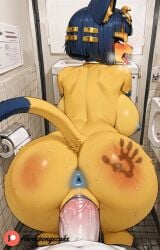 ahrispongecake ai_generated animal_crossing ankha anus bathroom blue_nipples blush female furry male penetration pussy sex wet