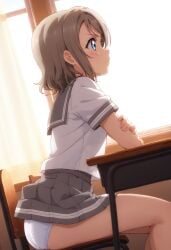 ai_generated ass ass_focus blue_eyes brown_hair female from_behind love_live! love_live!_sunshine!! panties school_uniform schoolgirl serafuku short_hair watanabe_you