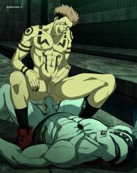 abs anal burankoprn demon dominant_male domination erection gay hanami_(jujutsu_kaisen) interspecies jujutsu_kaisen large_penis lying nude penis power_bottom ryoumen_sukuna_(jujutsu_kaisen) shoes shoes_only socks straddling tattoo uncensored yaoi