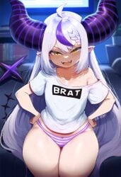 ai_generated ameanon fangs hololive hololive_japan horns la+_darknesss off_shoulder panties smug striped_panties t-shirt thick_thighs virtual_youtuber vtuber white_hair yellow_eyes