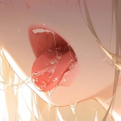 ai_generated asuna_(blue_archive) blonde_hair blue_archive cleaning_&_clearing_(blue_archive) close-up female lips millennium_science_school_student miurai open_mouth open_mouth saliva saliva_trail simple_background solo wet white_background