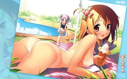 2girls ass big_eyes bikini_bottom_removed bikini_tan bikini_top_removed blush breasts dark_skin fairy ice_cream_cone kantoku mizugi nipple nipples nude photoshop sunscreen swimsuit tan_lines tanlines tanned young younger_female