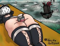 1girls between_thighs big_ass blush fog huge_ass lying lying_on_stomach nier:_automata nier_(series) ocean pod_(nier) raykopartizan ruins stockings thick_thighs thighs white_hair yorha_2b