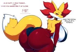 absurd_res ai_generated anthro ass big_breasts big_butt bikini blush breasts canid canine clothed clothing curvy_figure delphox female fur generation_6_pokemon hellsonger hi_res huge_breasts huge_butt inner_ear_fluff looking_at_viewer looking_back mammal nintendo pokemon pokemon_(species) red_body red_eyes red_fur side_boob simple_background smile solo swimwear text thick_thighs tuft voluptuous white_background wide_hips yellow_body yellow_fur