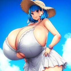 ai_generated ameanon big_breasts blue_hair breast_cutout breasts breasts_bigger_than_head cleavage gigantic_breasts huge_breasts large_breasts pink_eyes rina_atherina rina_atherina_(errorkazoo) sideboob straw_hat sundress underboob underboob_cutout