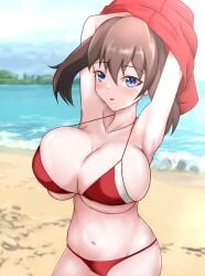 1girls big_breasts blue_eyes breasts brown_hair captain_rs cleavage collarbone female game_freak huge_breasts large_breasts light-skinned_female light_skin may_(pokemon) nintendo short_hair solo_focus