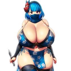 ai_generated ameanon big_breasts blue_hair breasts breasts_bigger_than_head cleavage covered_mouth face_mask gigantic_breasts huge_breasts large_breasts mask ninja pink_eyes rina_atherina rina_atherina_(errorkazoo) sideboob thick_thighs thighhighs