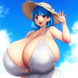 ai_generated ameanon big_breasts blue_hair breast_cutout breasts breasts_bigger_than_head cleavage cleavage_cutout gigantic_breasts huge_breasts large_breasts pink_eyes rina_atherina rina_atherina_(errorkazoo) sideboob straw_hat sundress underboob white_dress