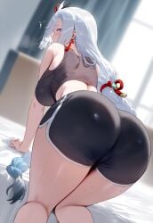 ai_generated all_fours alternate_costume ass ass_focus bare_shoulders blush braid breasts cameltoe female from_behind genshin_impact green_eyes hair_ornament highres huge_ass large_breasts long_hair looking_at_viewer looking_back miiyabi shenhe_(genshin_impact) short_shorts shorts sideboob single_braid solo sports_bra sweat thick_thighs thighs very_long_hair white_hair