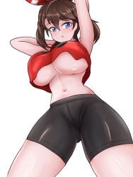 1girls big_breasts blue_eyes breasts brown_hair captain_rs creatures_(company) female female_only femalehuge_breasts fully_clothed game_freak huge_breasts large_breasts light-skinned_female light_skin may_(pokemon) nintendo pokemon short_hair solo solo_focus tight_clothing underboob