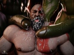 3boys 3d 3d_render bald_male bald_man beard big_penis bukkake cum cum_on_body cum_on_chest cum_on_face excessive_cum facial_hair frogtoa gay gay_sex genital_fluids god_of_war green_penis huge_cock humiliation kratos male male/male male_only mature mature_male muscular muscular_male nude orc orc_male pecs tongue tongue_out