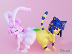 16:9 3d_(artwork) animal_crossing ankha_(animal_crossing) anthro breasts digital_media_(artwork) domestic_cat eyebrows eyeshadow felid feline felis female fur gunfire_reborn hair hi_res lagomorph leporid lipstick makeup mammal nintendo pink_eyebrows pink_eyeshadow pink_hair pink_lipstick rabbit red_eyes slightly_chubby slightly_chubby_anthro slightly_chubby_female solo tahlian tao_(gunfire_reborn) white_body white_fur widescreen