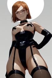 ai_generated big_breasts dominatrix dominatrix_outfit femdom from_below jujutsu_kaisen kugisaki_nobara looking_down_at_viewer low-angle_view smirk smirking smug smug_face