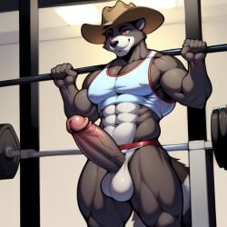 1boy 1male ai_generated animatronic animatronic_male anthro big_balls big_penis cowboy cowboy_hat fazbear_fanverse five_nights_at_freddy's frosting.ai furry furry_balls furry_male furry_only furry_penis gay gay_male grey_fur gym male male_only muscles muscular muscular_male pink_eyes procyonid raccoon ray_(tnar) solo_male sugar1989 those_nights_at_rachel's