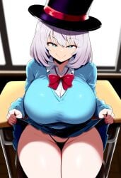 ai_generated big_breasts blue_eyes blue_sweater classroom desk looking_at_viewer skirt skirt_lift smug tejina_senpai tejina_senpai_(character) thick_thighs thong