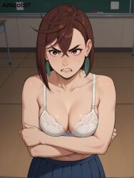 1girls ai_generated ainoob17 angry angry_face ayase_momo bra brown_eyes brown_hair clenched_teeth crossing_arms dandadan earrings female female_only glaring glaring_at_viewer looking_at_viewer navel school solo stable_diffusion tagme underwear unhappy_female white_bra