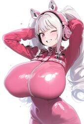 ai_generated alice_(nikke) bodysuit breast_focus cat_headphones gigantic_breasts goddess_of_victory:_nikke huge_breasts light-skinned_female light_skin looking_at_viewer massive_breasts one_eye_closed pink_eyes smiling thick_body thick_female twintails voluptuous voluptuous_female wemomo white_hair