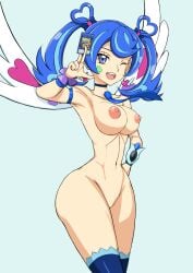 abdomen areolae blue_angel blue_eyes blue_hair female hatoxr18 heart hi huge_breasts looking_at_viewer muscular_female navel nude one_arm_up one_eye_closed open_mouth pose solo thick_legs twintails yu-gi-oh! yu-gi-oh!_vrains zaizen_aoi