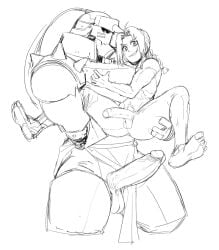 alphonse_elric armor barefoot brothers burankoprn edward_elric family feet feet_up fullmetal_alchemist gay incest interspecies large_penis legs_apart legs_up lifting male_focus male_only nude penis_comparison presenting_penis robe size_difference sketch smile yaoi