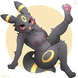 1:1 anthro areola black_body black_fur blush breasts eeveelution feet female fur generation_2_pokemon hinata_sakamoto looking_at_viewer nintendo nipples open_mouth pokemon pokemon_(species) pokemorph red_eyes red_sclera solo thick_thighs tongue tongue_out umbreon