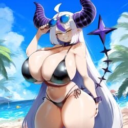 ai_generated alternate_breast_size ameanon beach big_breasts bikini black_bikini breasts cleavage hololive hololive_japan horns huge_breasts la+_darknesss large_breasts sideboob tail thick_thighs underboob virtual_youtuber vtuber white_hair yellow_eyes