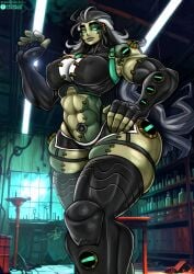 abs alternative_universe ben_10 ben_10_(classic) big_breasts big_butt black_hair chaquetrix frankenstein frankenstein's_monster frankenstrike green_body green_eyes green_skin hi_res monster_girl muscle muscles muscular muscular_female stitching wide_hips