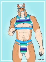 1boy 2022 abs anthro artist_name big_bulge big_muscles blue_background bulge clothed clothing crop_top equid equine eyebrows front_view gary_(otkgary) hair half-closed_eyes harness hi_res horse huge_bulge jockstrap lgbt_history_month lgbt_pride looking_at_viewer male male_only mammal muscular muscular_anthro muscular_male muzzle_(object) muzzled narrowed_eyes navel nipples otkgary pecs pride_color_clothing pride_colors shirt simple_background smile solo standing topwear underwear vincian_pride_colors