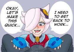 brawl_stars colette_(brawl_stars) dialogue english_text hair_over_one_eye heart-shaped_pupils sharp_teeth tagme vel_ge white_hair