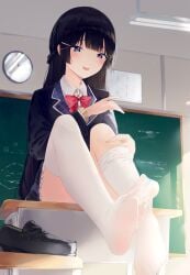 after_footjob bangs black_footwear black_hair blue_cardigan blue_eyes blue_skirt blunt_bangs blush bow bowtie cardigan chalkboard classroom clock commentary_request convenient_leg cum_on_feet cum_on_legwear desk feet female full_body hair_ornament hairclip hand_on_leg hand_up highres hime_cut indoors kou_futoshi legs loafers long_hair looking_at_viewer nijisanji no_shoes on_desk open_mouth plaid plaid_skirt red_bow red_bowtie removing_legwear school_desk school_uniform shirt shoes shoes_removed sitting sitting_on_desk skirt soles solo spread_toes thighhighs thighs toes tsukino_mito virtual_youtuber white_legwear white_shirt