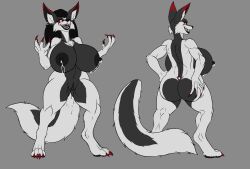 absurd_res anthro ass big_breasts big_butt black_hair bodily_fluids breast_milking breasts butt_grab canid canid_demon claws demon fan_character fangs female fluffy fluffy_tail fur genitals grey_body grey_fur hair hand_on_butt hellhound helluva_boss hi_res karnator karnator_(artist) lactating mammal open_mouth open_smile pussy smile solo thick_thighs white_body white_fur wide_hips