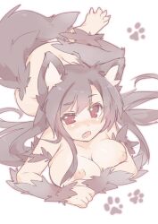 1girls animal_ears barefoot blush body_fur breasts brown_hair female full_body imaizumi_kagerou kagerou_imaizumi large_breasts long_hair nipples nude open_mouth paw_print red_eyes simple_background solo tagme tail touhou transpot_nonoko white_background wolf_ears wolf_tail