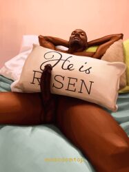 1boy african african_male balls boner circumcised dark-skinned_male erect_penis erection gay_pornstar hands_behind_head hard_on laying_back male male_only mascdomtop melanin muscles muscular muscular_male nude onlyfans_model painting_(artwork) penis pillow porn_star real_person realistic rhyheim_shabazz spread_legs