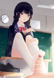 1boy after_ejaculation bangs bar_censor black_footwear black_hair blue_cardigan blue_eyes blue_skirt blunt_bangs blush bow bowtie cardigan censored chalkboard classroom clock commentary_request convenient_leg cum cum_on_feet cum_on_legwear cum_on_penis cumdrip desk erection feet female footjob full_body hair_ornament hairclip hand_on_leg hand_up highres hime_cut indoors kou_futoshi legs loafers long_hair looking_at_viewer nijisanji no_shoes on_desk open_mouth out_of_frame penis plaid plaid_skirt red_bow red_bowtie removing_legwear school_desk school_uniform shirt shoes shoes_removed sitting sitting_on_desk skirt soles solo_focus spread_toes thighhighs thighs toes tsukino_mito virtual_youtuber white_legwear white_shirt