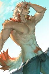 1boy abs aixiwuganda_(20222192) animal_ears arknights bangs bara brown_fur bulge completely_nude dog_boy dog_ears flaccid from_below furry furry_male hand_on_own_head highres horns hung_(arknights) large_pectorals male_focus male_only male_pubic_hair medium_hair multicolored_hair muscular muscular_male navel nipples nude orange_eyes orange_hair partially_submerged partially_underwater_shot pectorals penis pubic_hair single_horn skinny_dipping smirk solo stomach streaked_hair thick_thighs thighs two-tone_fur uncensored underwater