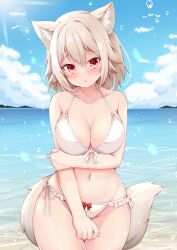 1girls animal_ears bare_arms bare_legs bare_shoulders bikini blush breasts cleavage collarbone cowboy_shot day groin hair_between_eyes inubashiri_momiji large_breasts looking_at_viewer momiji_inubashiri navel ocean outdoors parted_lips red_eyes rururiaru short_hair solo swimsuit tail touhou white_bikini white_hair wolf_ears wolf_tail