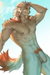 1boy abs aixiwuganda_(20222192) animal_ears arknights bangs bara brown_fur bulge completely_nude dog_boy dog_ears flaccid from_below furry furry_male hand_on_own_head highres horns hung_(arknights) large_pectorals male_focus male_only male_pubic_hair medium_hair multicolored_hair muscular muscular_male navel nipples nude orange_eyes orange_hair pectorals penis pubic_hair single_horn smirk solo stomach streaked_hair thick_thighs thighs two-tone_fur uncensored