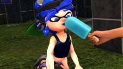 1boy 1girls 3d blue_eyes blue_hair convex_(freezerburn) female female_focus freezerburnsfm headgear ice_cream inkling inkling_girl licking offscreen_character offscreen_male popsicle saliva saliva_drip sandals sfm source_filmmaker splatoon splatoon_2 striped_bra striped_panties swimsuit tank_top