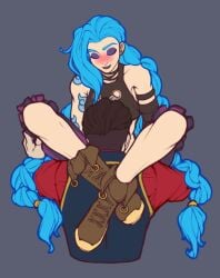 1boy 1boy1girl 1girls arcane arcane_jinx black_hair blue_hair blush boots closed_eyes clothed clothed_female clothed_male cunnilingus female implied_cunnilingus jinx_(league_of_legends) league_of_legends long_hair makeup male riot_games silco_(arcane) tattoo tattoo_on_arm tattooed_arm