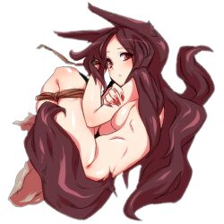 1girls animal_ears bdsm bondage bound breasts brown_eyes brown_hair female kagerou_imaizumi kaminari large_breasts long_hair looking_at_viewer lying nail_polish nude on_side red_nails sideboob solo tagme tail touhou very_long_hair wolf_ears wolf_tail