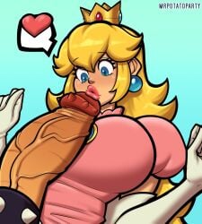 1boy 1girls big_penis blonde_hair blue_eyes bowser cock_ring crown earrings female female_focus heart huge_cock long_hair looking_at_penis male mario_(series) monster_cock mrpotatoparty nintendo penis penis_awe penis_poke pink_lips princess_peach simple_background spiked_cock_ring spiked_glans unseen_male_face veiny_penis