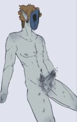 balls blue_skin brown_hair creepypasta erection eyeless_jack male male_only mask nude penis piercing piercings precum pubic_hair solo solo_male wet